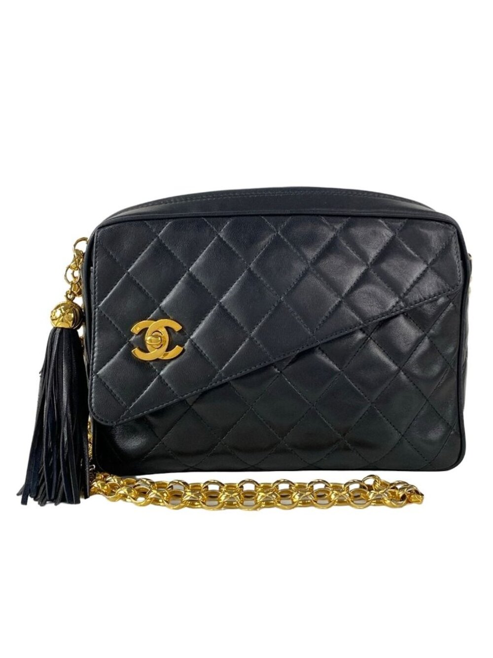 Chanel Shoulder Bag Quilted Black Bijou Chain Gold Tassel Lambskin